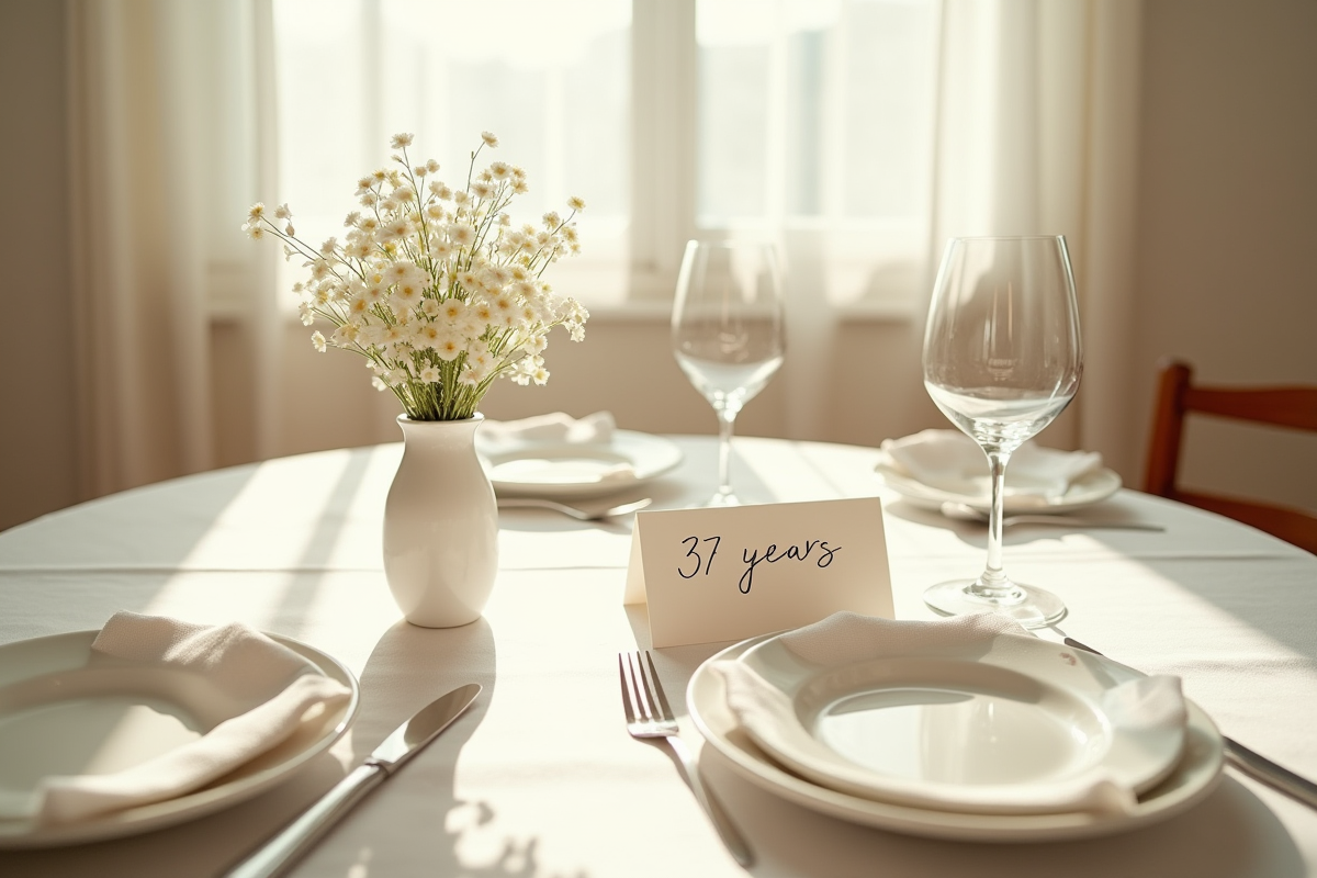 Table élégante avec fleurs blanches et carte anniversaire