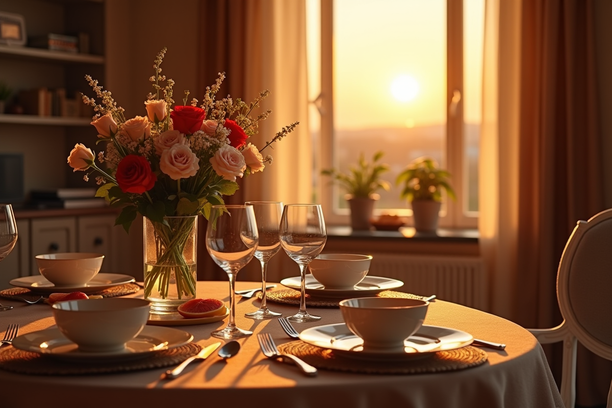 Table romantique pour deux au coucher de soleil