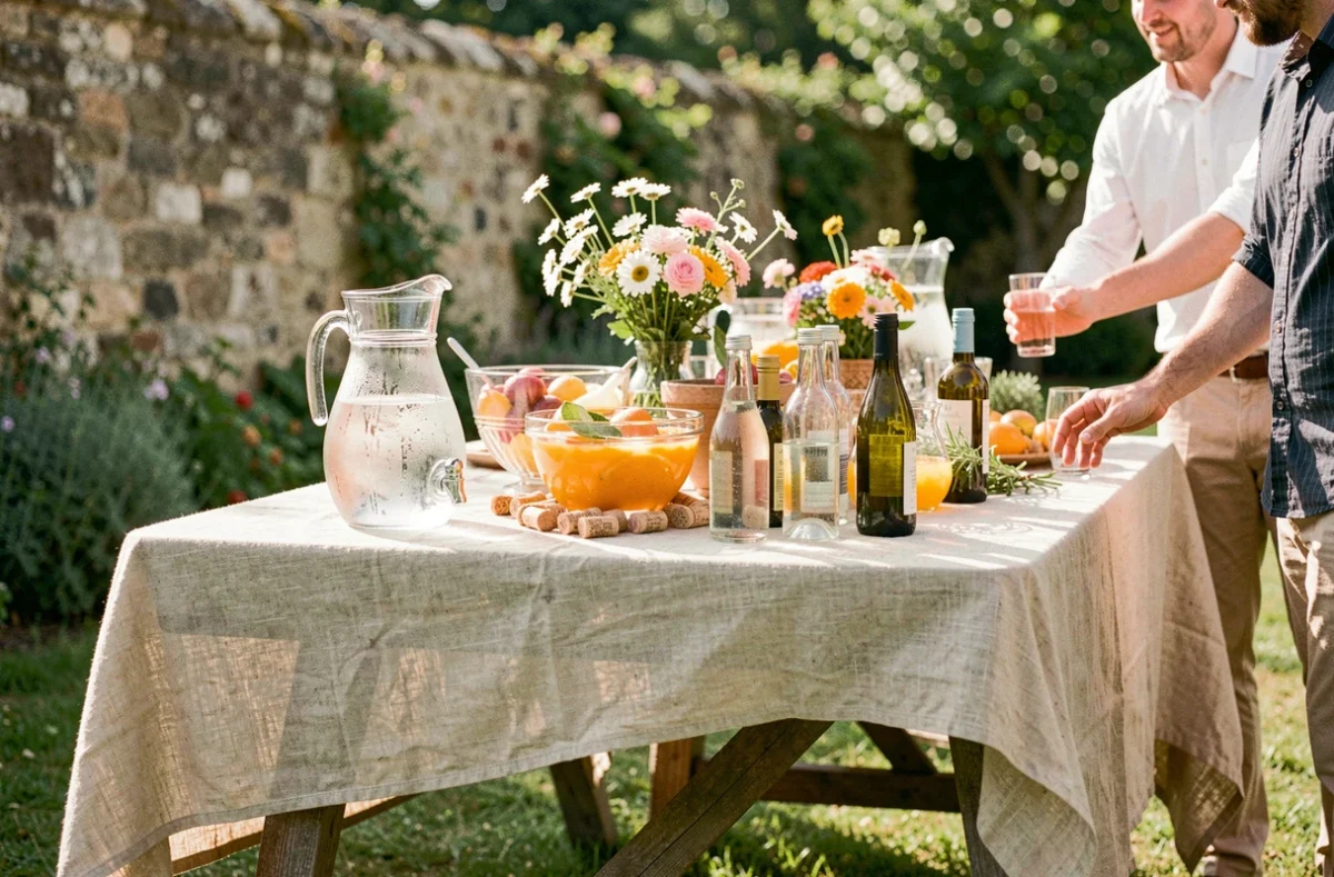 Table de vin d'honneur mariage petit budget avec boissons avec et sans alcool dans un jardin champêtre