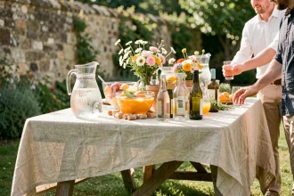 Table de vin d'honneur mariage petit budget avec boissons avec et sans alcool dans un jardin champêtre