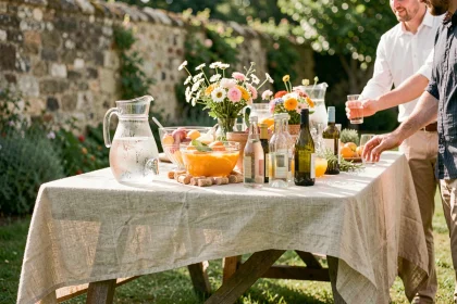 Table de vin d'honneur mariage petit budget avec boissons avec et sans alcool dans un jardin champêtre