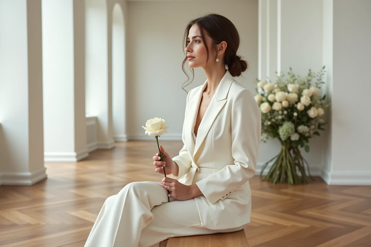 Mariée moderne en combinaison pantalon blanche assise dans une salle de réception minimaliste lors d'une cérémonie civile