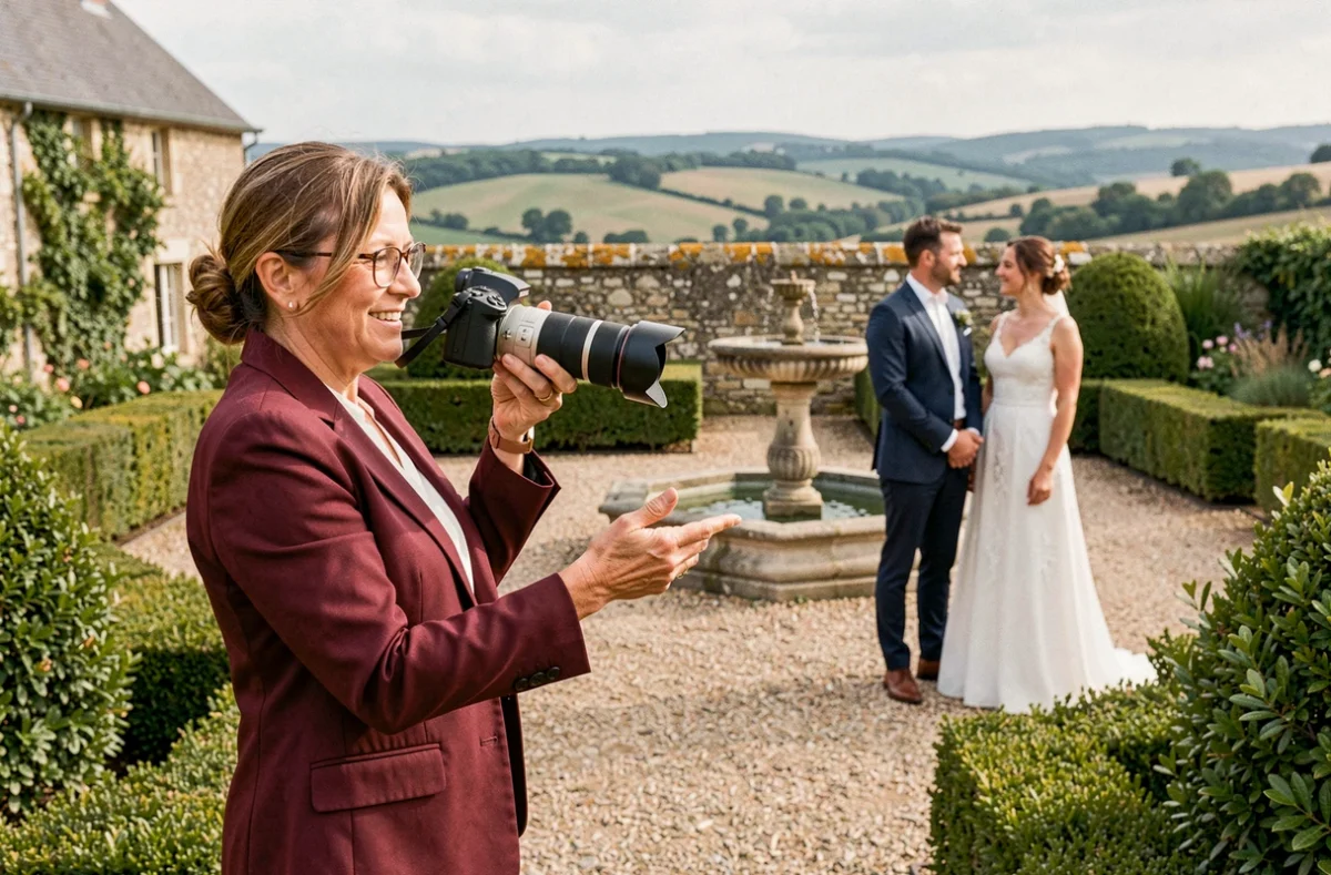 Vidéaste et photographe féminine dirigeant un couple lors d'un shooting mariage en Nouvelle-Aquitaine