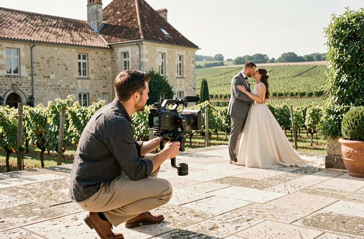Vidéaste de mariage filmant un couple dans un vignoble de Nouvelle-Aquitaine