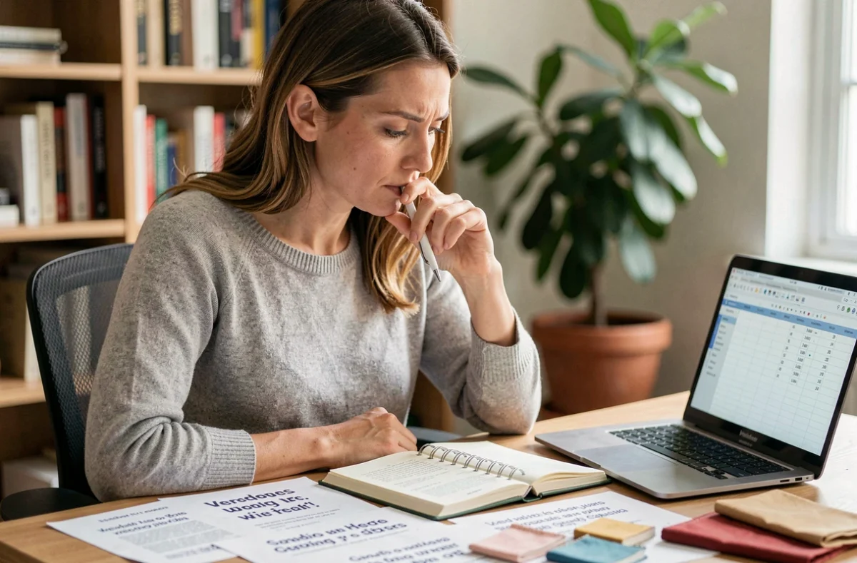 Wedding planner analysant des devis fournisseurs à son bureau pour optimiser le budget mariage