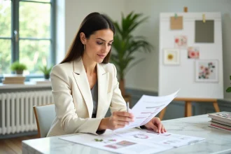 Wedding planner professionnelle examinant des budgets et des échantillons floraux dans un bureau de consultation moderne