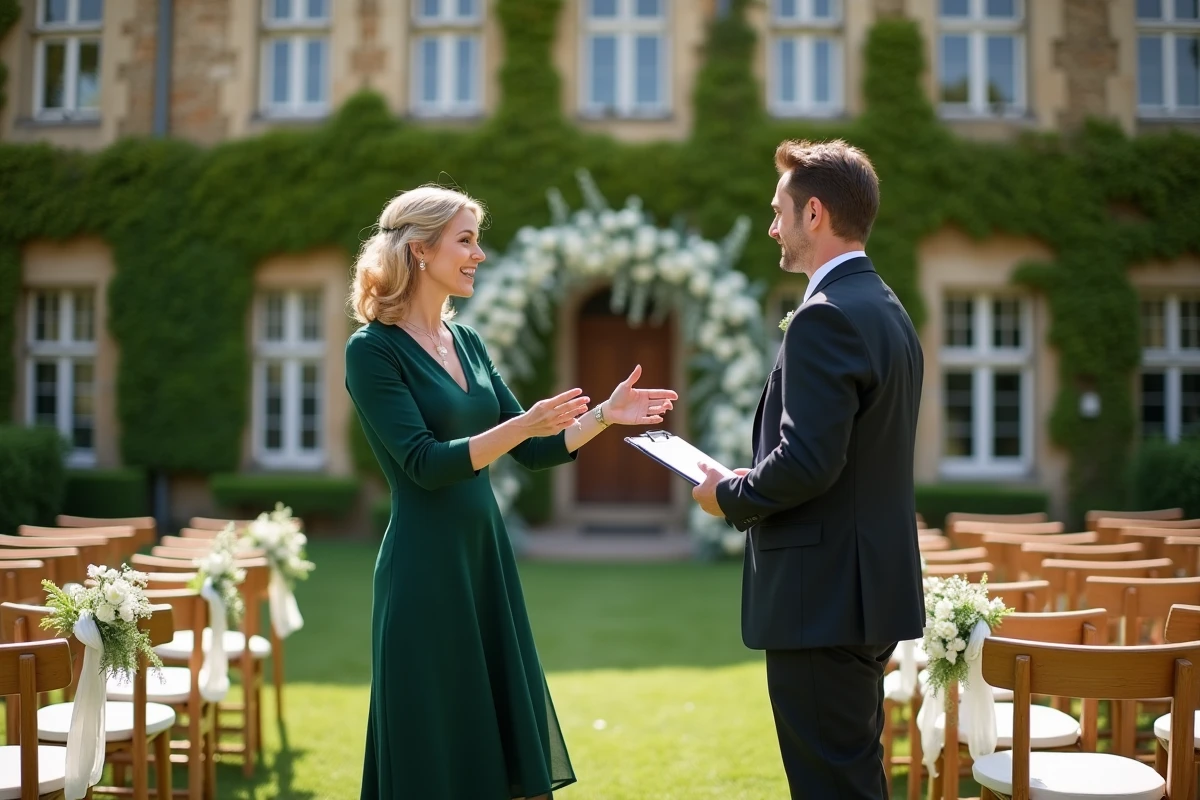 Wedding planner coordinant l'installation d'une cérémonie en plein air dans les jardins d'un château français