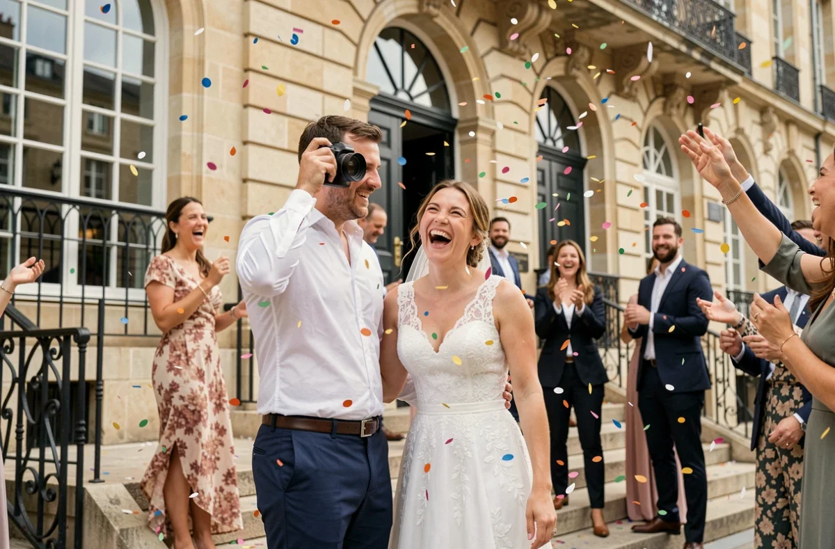 William Juin capturant la sortie des mariés sous les confettis devant la mairie de Bordeaux