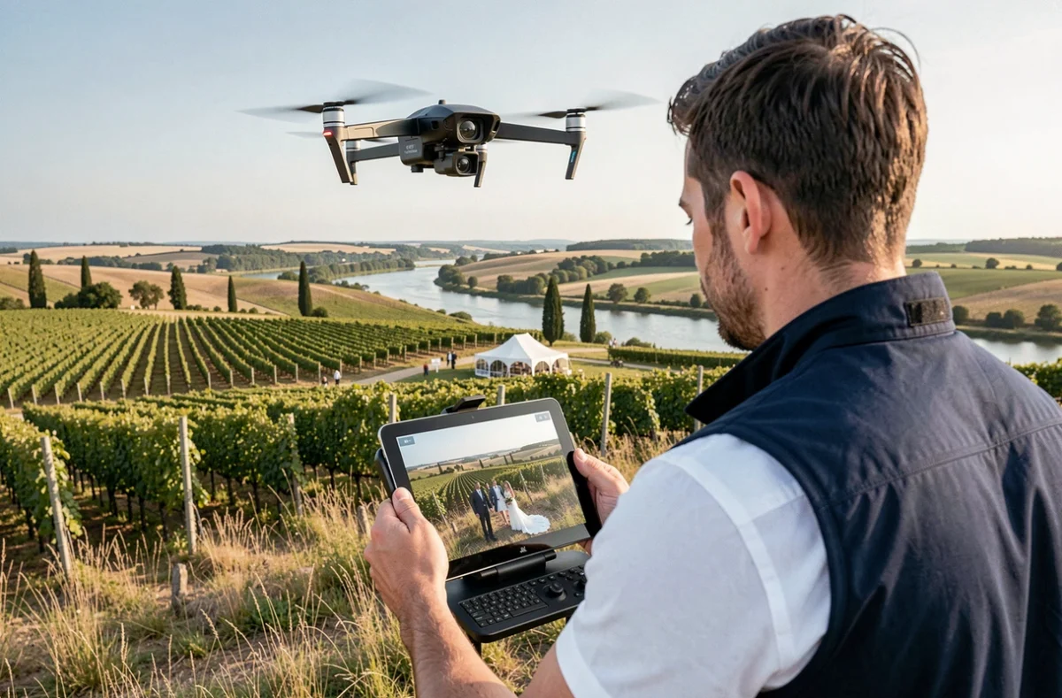 Opérateur drone spécialisé mariage filmant depuis un vignoble en Gironde