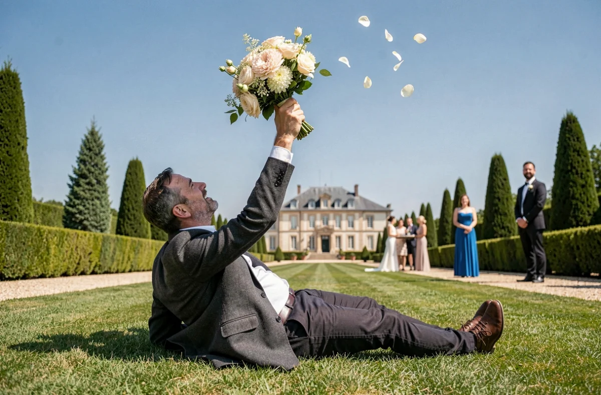 Yann Texier photographiant le lancé de bouquet lors d'un mariage en Gironde
